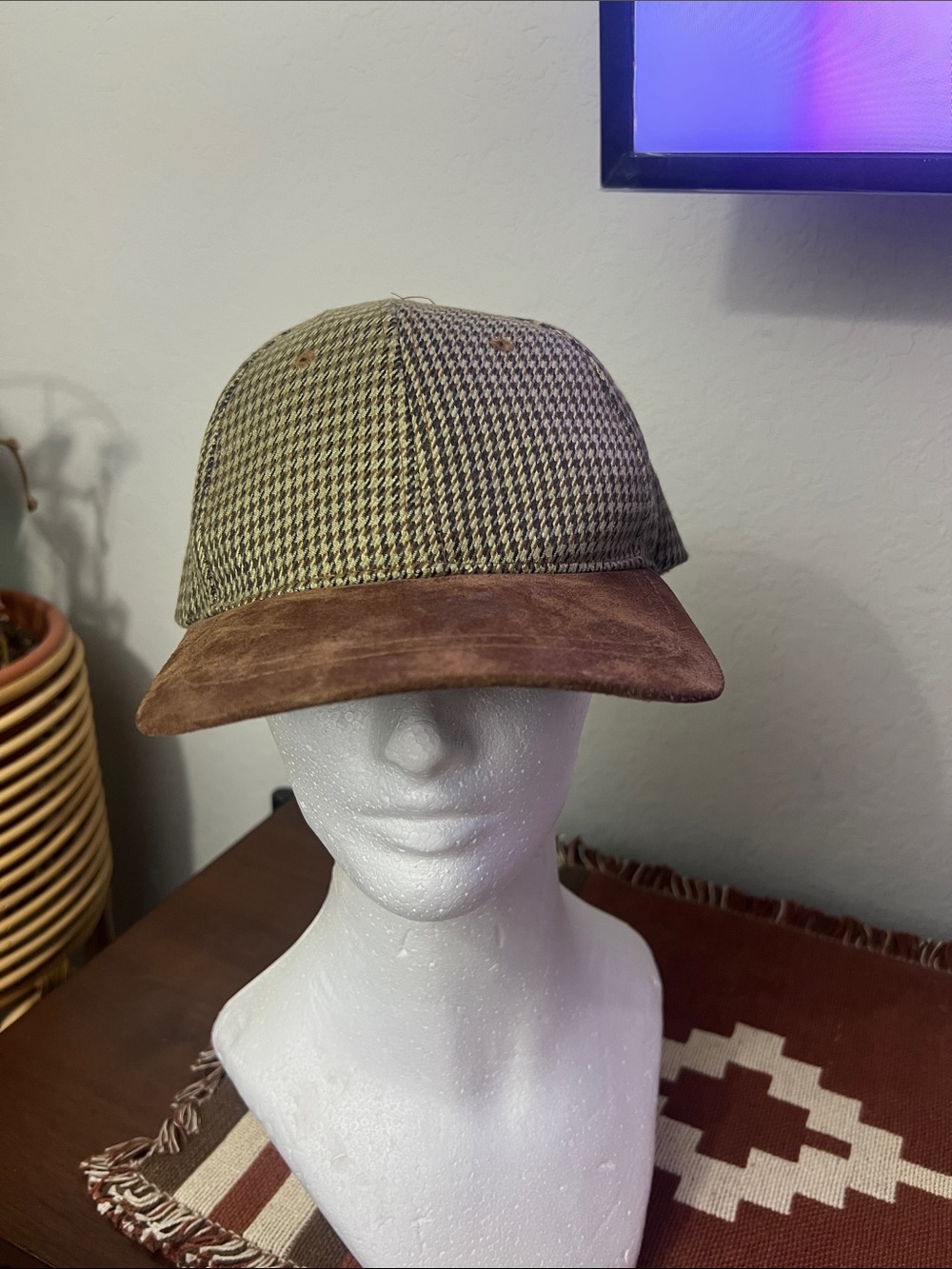 🍂 Vintage Nissin Cap Houndstooth & Suede Strapback Hat!